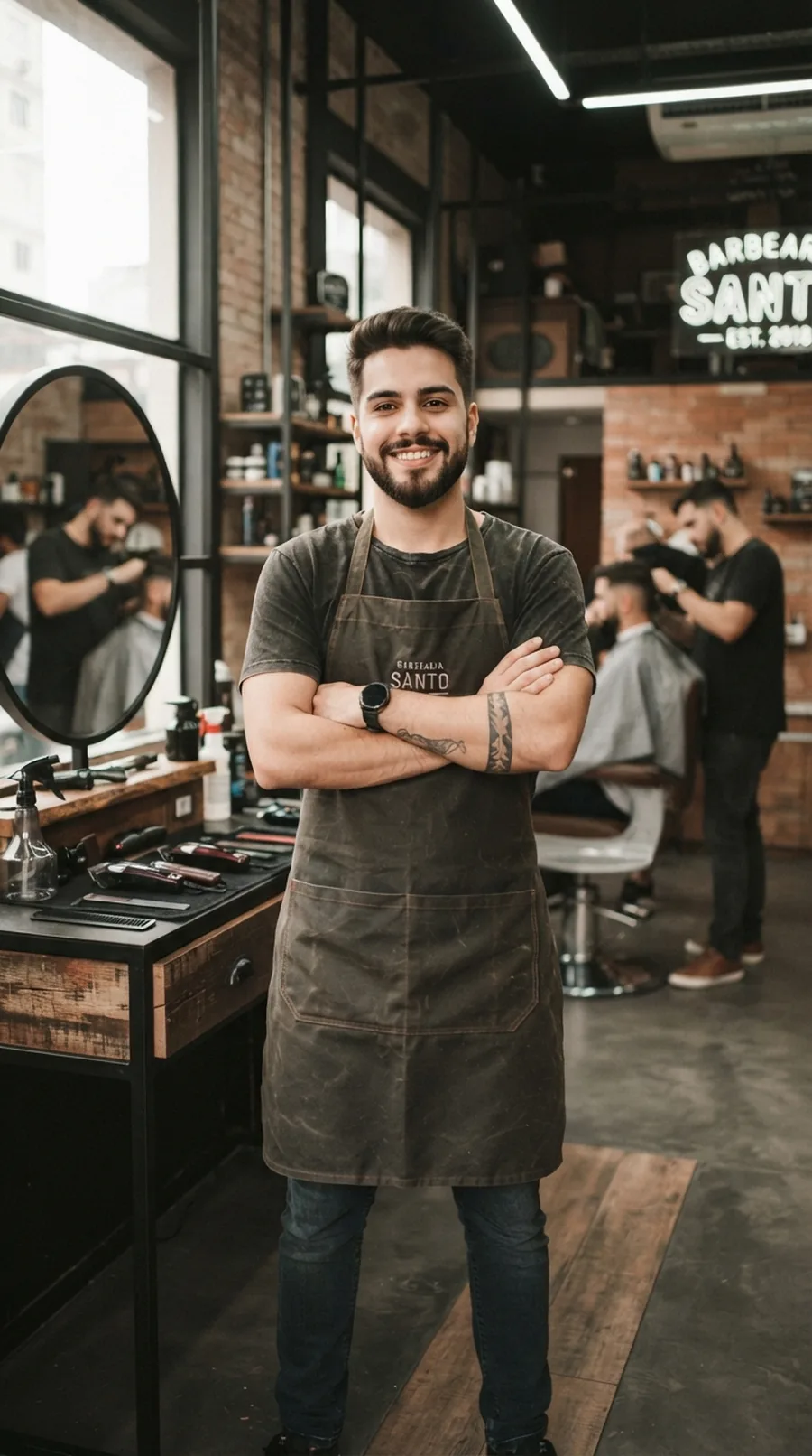 Barbeiro de avental, braços cruzados, sorrindo no salão