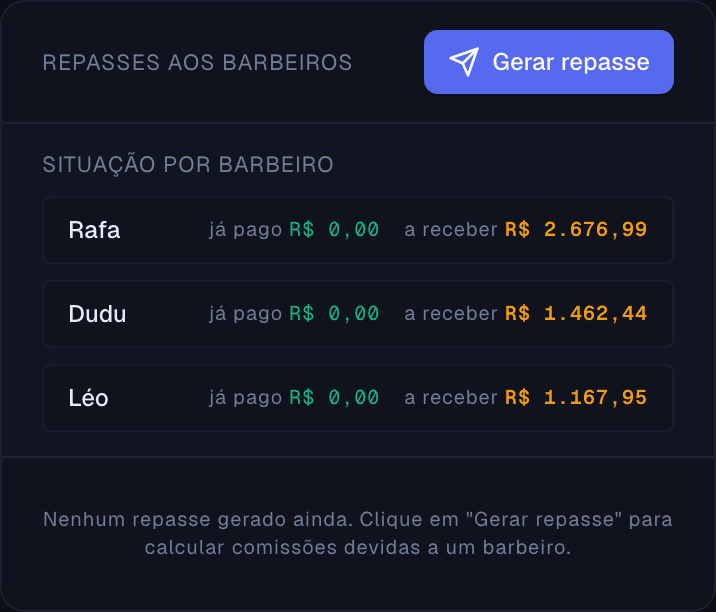 Repasses aos barbeiros: Rafa, Dudu e Léo com valores já pagos e a receber